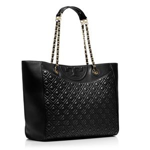 Tory Burch Fleming LARGE Tote In Black Calfskin Logo Quilt